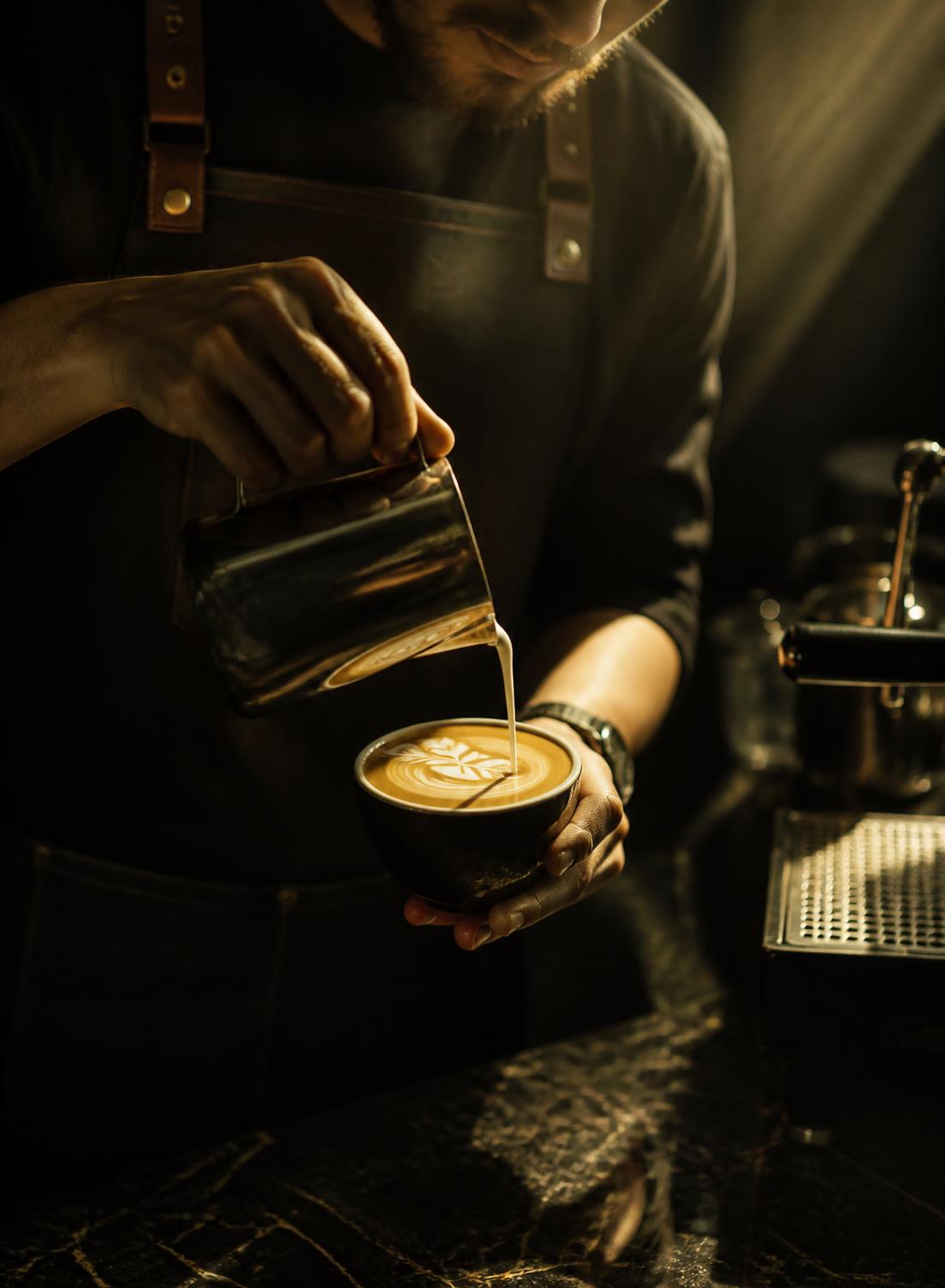 A barista pouring latte art in the Maison Éclat bar