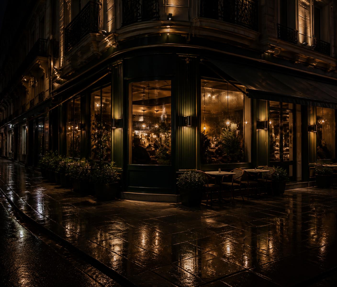 Maison Éclat at night, warm light spilling onto a wet street