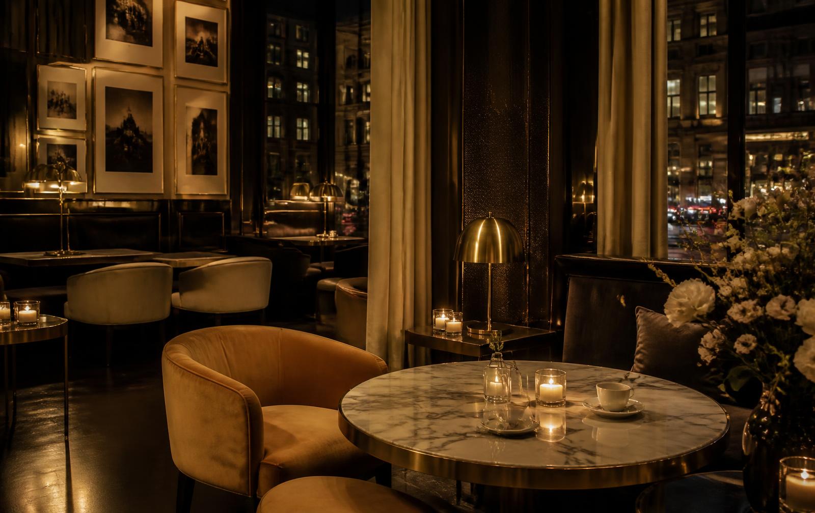 The Maison Éclat lounge at night: velvet chairs, marble tables and candlelight